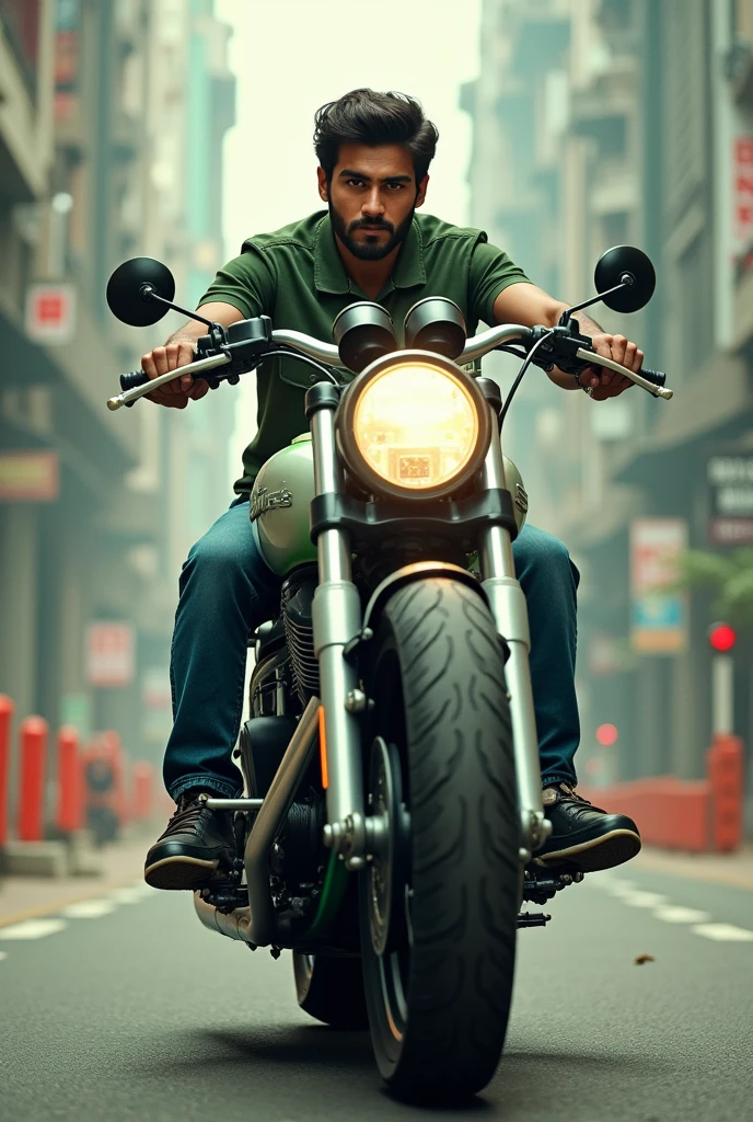 A 22 years boy riding a heavy bike which colour is white and green combination. Write "Pakistan Zindabad" on top