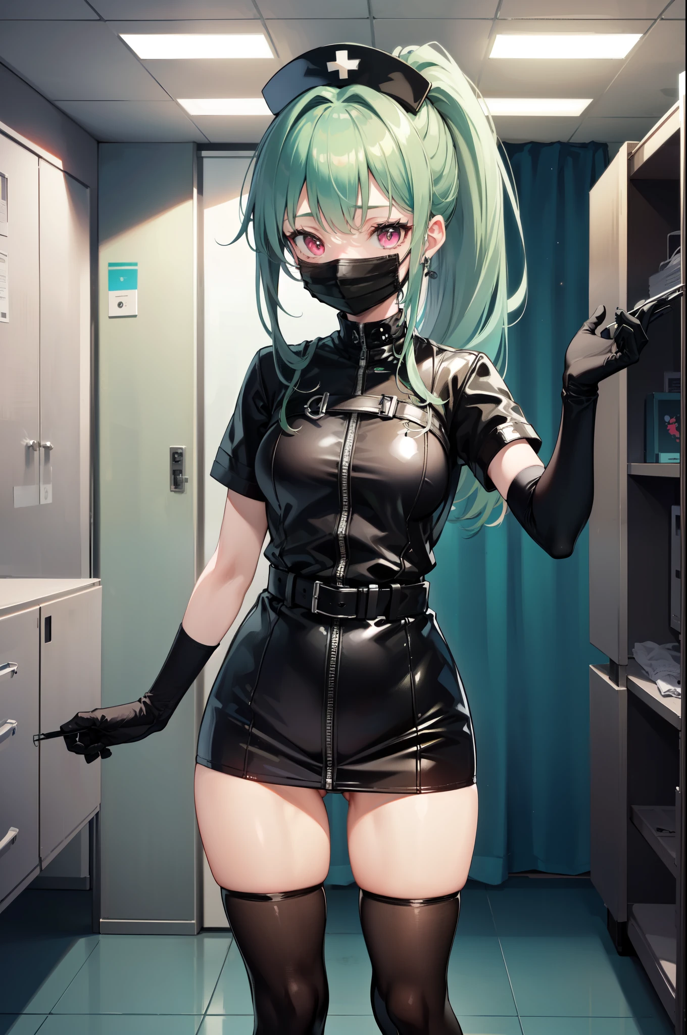 black nurse, 1girl, solo, black nurse cap, black nurse uniform, ((black legwear, zettai ryouiki)), black elbow gloves, ponytail, green hair, pink eyes, ((black surgical mask, covered nose)), standing, ((surgery room)), sharp outline, short sleeves, best quality, masterpiece