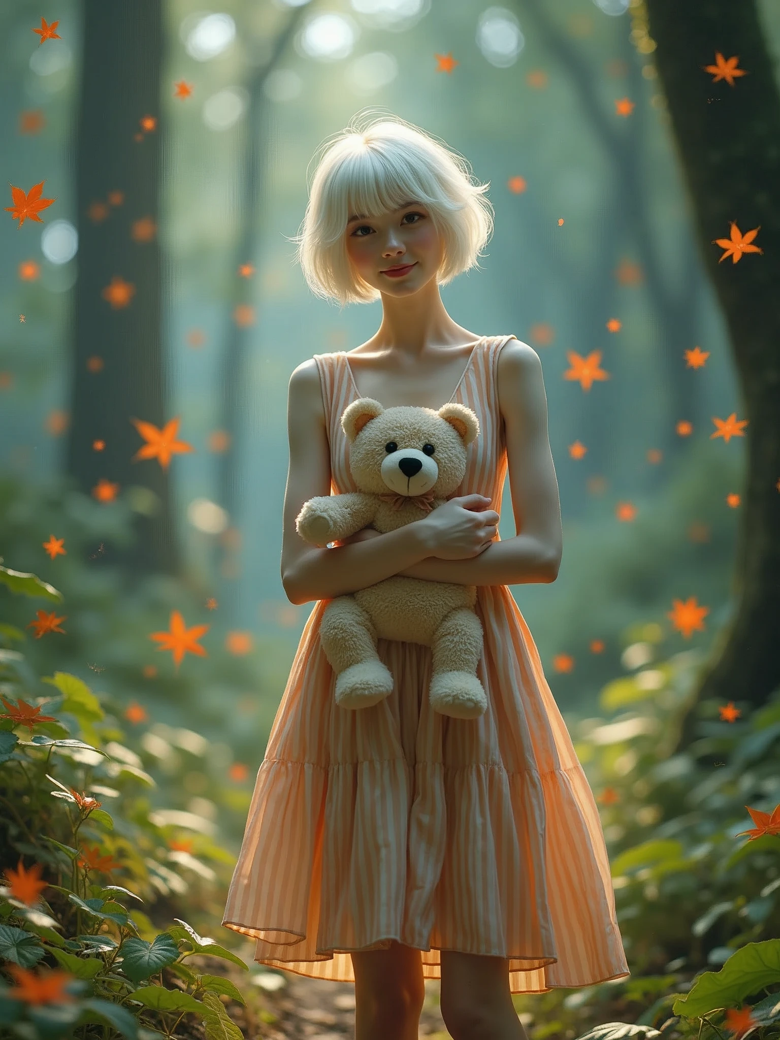 a woman in a striped dress holding a teddy bear, inspired by Oleg Oprisco, stood in a forest, girl with short white hair, magic particles in the air, promotional art, colorful leaves, singer - songwriter, dragon age, smiling young woman, albino, upbeat, deblurring