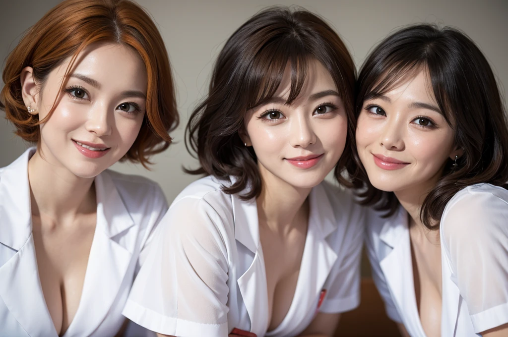 two sexy women in nurse outfits who are wives of 4 years old boy, looking at camera cute smiles, happy opened mouths, close up faces portrait, short curly orange hair, view from below