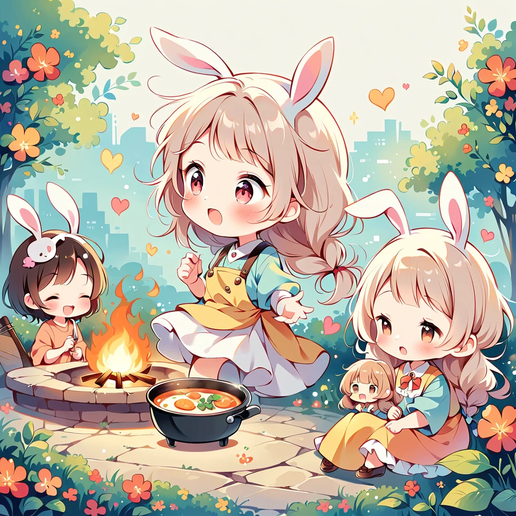 Simple Line Initialism,Abstract art,Urban Background, colorful hearts , ((Chibi)) (((The most beautiful girl of all time))), On a bright red campus"YES"Character、beautiful illustration, best quality, cute girl, bedroom, pastel color, fluffy bunny ears, , silver long hair, alert! Alert! Gather around the warm and inviting theme of "Campfire" (キャンプファイヤー). Capture the glow of flickering flames and the camaraderie of people sharing stories, cooking, or simply enjoying the warmth together.