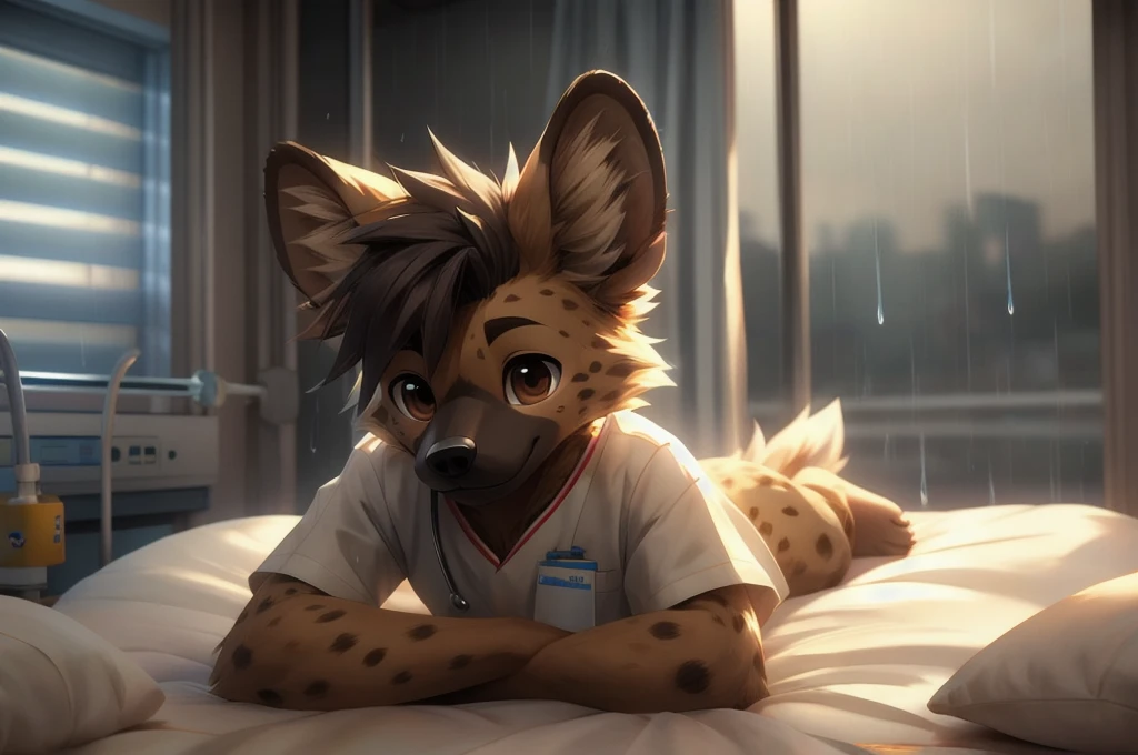 masterpiece,3d,Cute anthropomorphic hyena,boy,Lying in bed in hospital,Down with illness,Highest quality,Brown eyes,feet,hair,The background is a hospital room with rain outside.,Manga Style,白hair、alone, Animal ears, close, Background Blur, Animal ears, Digital Art,