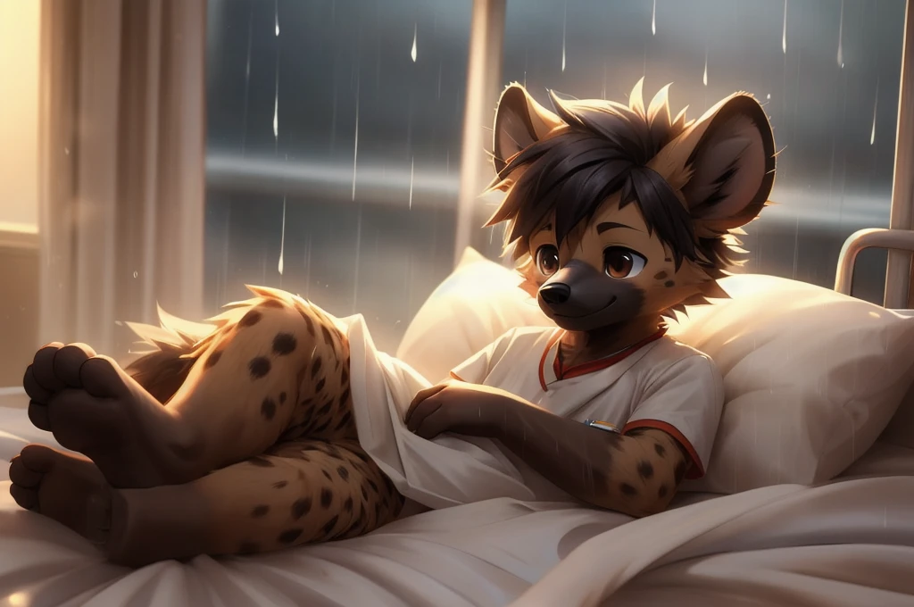 masterpiece,3d,Cute anthropomorphic hyena,boy,Lying in bed in hospital,Down with illness,Highest quality,Brown eyes,feet,hair,The background is a hospital room with rain outside.,Manga Style,白hair、alone, Animal ears, close, Background Blur, Animal ears, Digital Art,