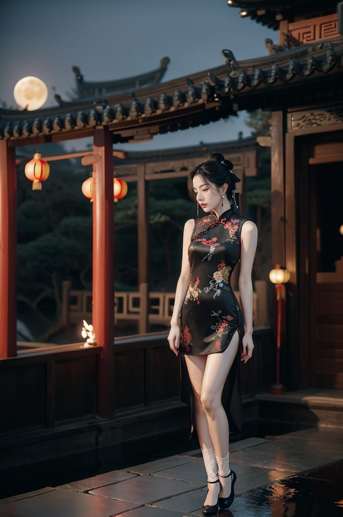 (((best quality))),(((ultra detailed))),(((masterpiece))),illustration,((1 beautiful girl,solo)),(bun hair:1.2),(Ghostly makeup:1.3),(fair skin:1.5),(red lips:1.2),(earrings:1.2),((slim,thin)),((small breasts,flat chest,cleavage)),(black floral embroidered lace sleeveless cheongsam:1.5),(thigh loop:1.3),(slender legs:1.2),(stockings:1.3),(loafers:1.2),(standing:1.3),(A huge moon in the sky:1.3),(moonlit Chinese garden courtyard:1.3),(Ghost Festival:1.3),(Ghostly flames are drifting in the air:1.3),elegant and sophisticated,intricate patterns,curves,dark color,striking visual appeal,ethereal,enchanting,ghostly black blossoms,swaying branches,stone pathways,moss,eerie shadows,ancient pavilion,intricate wooden structure,mystery and intrigue,cicadas chirping,auditory symphony,embodiment of the festival's spirit,bathed in the moon's glow,delicate features,raven-black hair,waterfall of darkness,moon's luminance,captivating allure,sleek fabric,clung to frame,accentuating curves,highlighting beauty,striking appearance,ethereal beauty,hauntingly beautiful scene,captured essence,blend of beauty and mystery,(night scene:1.3),((from front,full body))