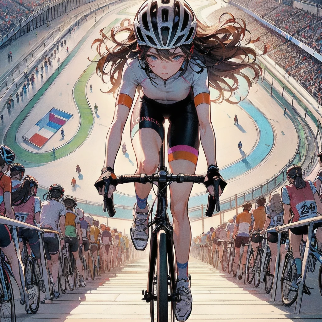 masterpiece, (textured skin), best quality, gorgeous beautiful girl, (a female cycling athlete), detailed clothes,large breasts,narrow waist,, (beautiful face), cinematic lighting, (at cycling venue ),