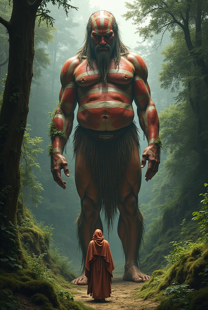 An Ona woman, of the indigenous peoples of Tierra del Fuego, Argentina, She is covered only by a cloak made of skins and in the forest she meets one of her gods, the giant Selk Nam., They are completely naked without any clothes,
They are of normal physical build, neither thin nor fat nor muscular., They have horizontal red and white stripes like a lighthouse and are the size of a building.