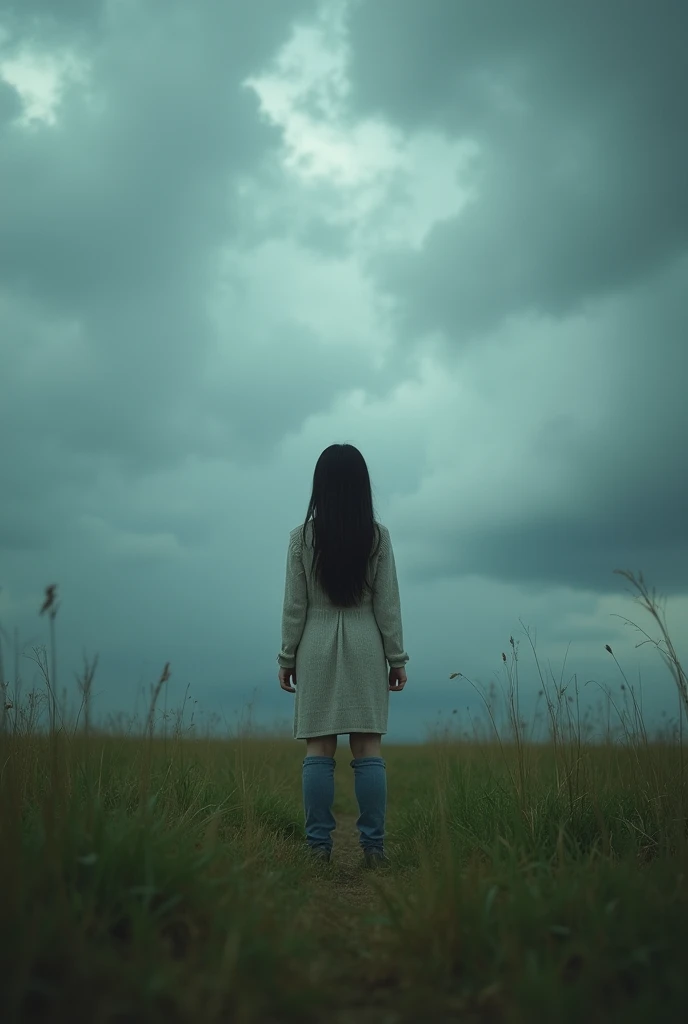 Front view of a Chinese girl standing on a vast grassland, looking deep into the distance, her eyes fixed on the horizon as a storm brews under the overcast sky. This image was captured by award-winning photographer Youssef Kash using a Hasselblad H6D-400c and a 90mm lens for dramatic and cinematic lighting effects. The image is 8K, Ultra HD, Super Resolution, offering a glimpse into a moment of intense emotion and the power of nature, high quality, Ultra HD 32K UHD with intricate detail