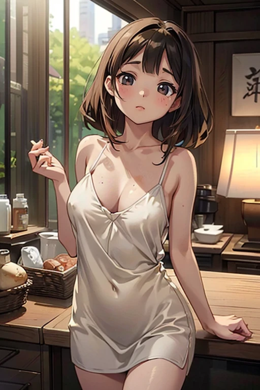masterpiece, Highest quality, (Highly detailed CG Unity 8K wallpapers), (Highest quality), (Best illustrations), (Best Shadow), Confused, Realistic lighting, (abyss), Beautiful and delicate shine,Random Pause,((Camisole dress with luxurious shiny details)),Cute freckles on the cheeks,Mole under left eye, Sunburn mark, Japanese Model, Young Sensual Gravure Idol, Yasumoto Oka, A real young gravure idol, A woman who is shy when the camera is pointed at her,赤くなったSunburn mark,Embarrassing,avert your eyes,Japanese Style House,Perceived Humidity,