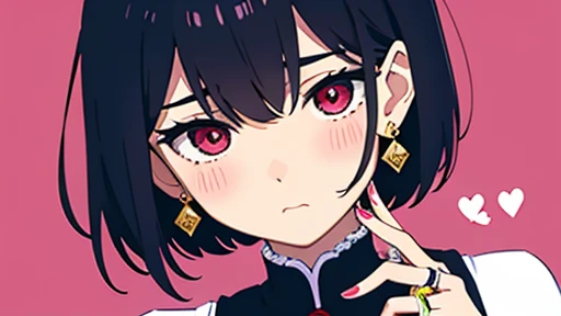 masterpiece、Highest quality、One girl、Upper Body、short hair、Hair with a single color、Vampire wind、Sad expression、blush、Close your mouth、Stylish earrings、Ring Accessories、Fingers crossed、Spider Pattern Background