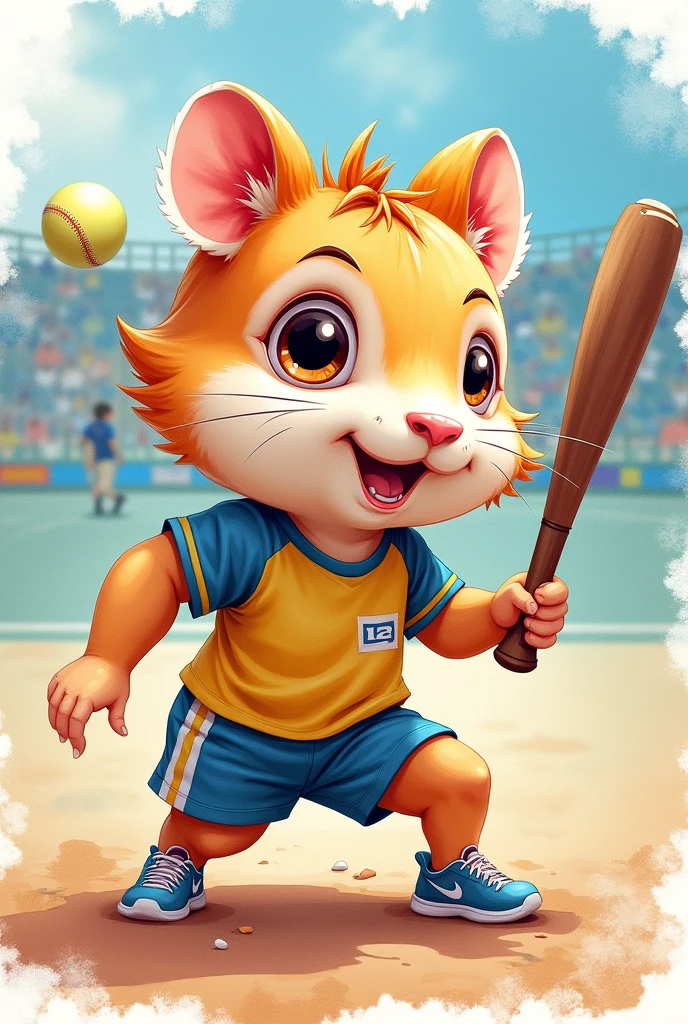 (chibi Emoji Meme), Stylized Watercolor style, funny photo portrait of a grotesque (Olympic baseball athlete female hamster), athlete suit, (upper body), cute big eyes, Olympic background, emoticon. emotional, dynamic movement, vivid, (masterpiece, best quality, absurdres, ultra-detailed, intricate details:1.3)