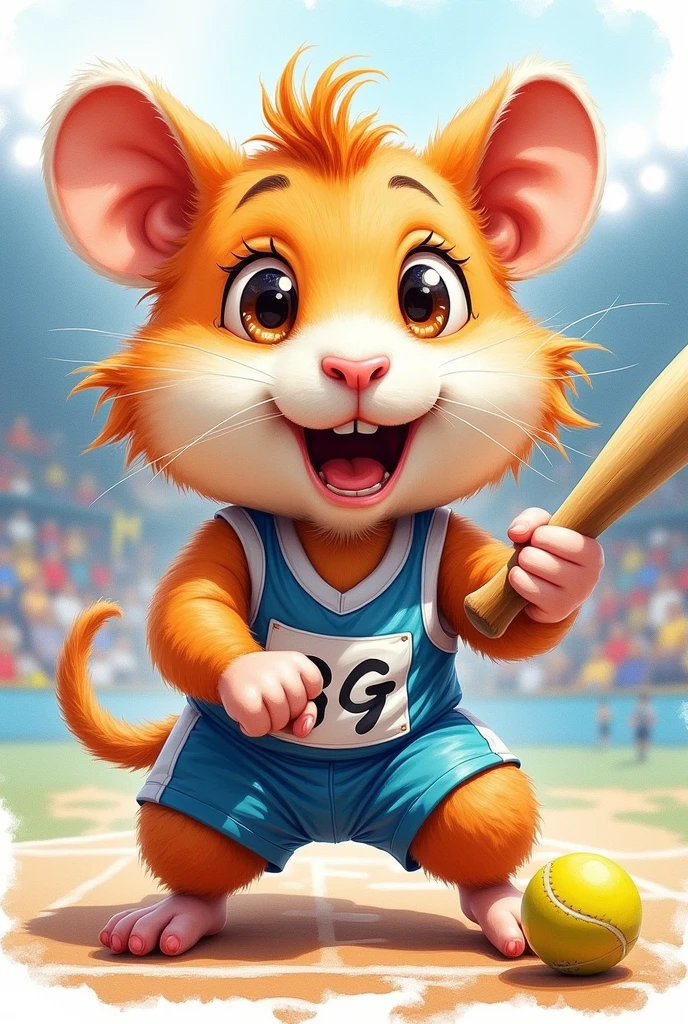 (chibi Emoji Meme), Stylized Watercolor style, funny photo portrait of a grotesque (Olympic baseball athlete female hamster), athlete suit, (upper body), cute big eyes, Olympic background, emoticon. emotional, dynamic movement, vivid, (masterpiece, best quality, absurdres, ultra-detailed, intricate details:1.3)
