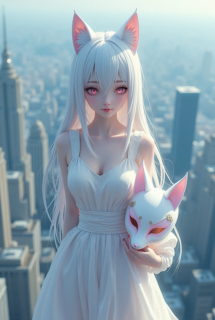 Create a girl of about 16 years old from 1,66 tall, beautiful with fine and delicate features, with eyes of different colors, with snow-white skin and pink hues, with a slim hourglass-shaped body, with white hair down to the waist, with a serious expression on his face, showing the whole body, that he is on the edge of a very tall building and is looking down with an expressionless face with a very slight smile  , that in his right hand he has a white fox-shaped mask with gold details and a pink one from the anime hunter x hunter