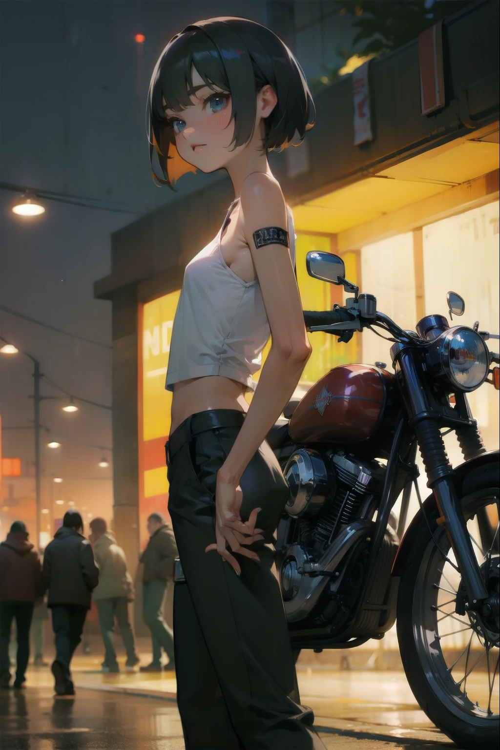 (cowboy shot),(Perfect Anatomy,top-quality、back style,The ultra -The high-definition、hight resolution、extremely details CG、8K Unit Wallpapers),20-year-old、solo,Beautiful detailed eyes,black hair,shor bob hair,blunt bang,(small breasts,slender body,skinny),gleaming skin,oily skin,(punk fashion、leather jacket、Tank top、military pants、combat boots),(drive a motorcycle,Harley-Davidson,),on road,Tokyo,at night、
