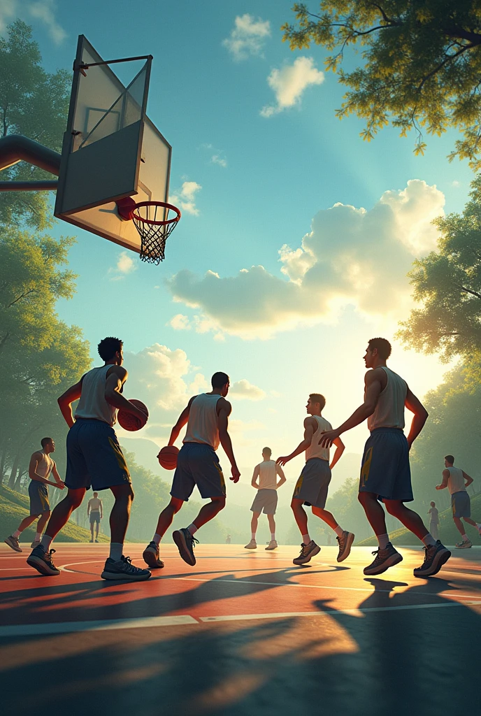 Playing basketball in the distance