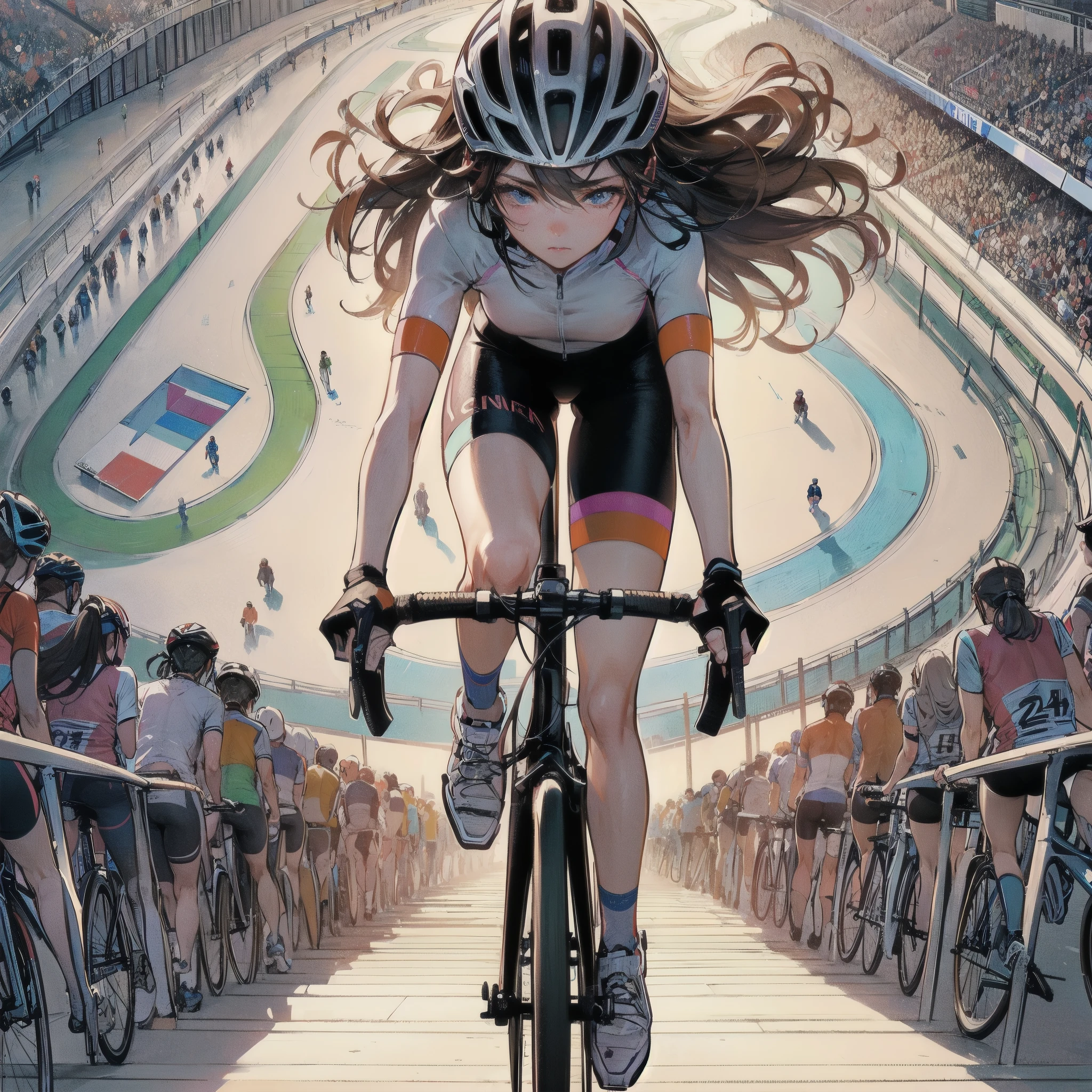  masterpiece, (textured skin), best quality, gorgeous beautiful girl, (a female cycling athlete), detailed clothes,large breasts,narrow waist,, (beautiful face), cinematic lighting, (at cycling venue ),