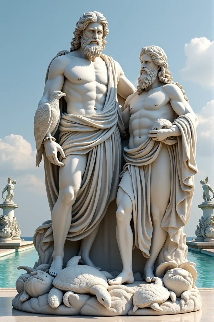 Statue in pure Carrara marble, fine renaissance finish, work depicting Zeus the god of gods holding an eagle, next to his brother Neptune, the God of the seas, having at his side at waist height numerous sea creatures such as sea turtles, crabs and dolphins. In the background, out of focus, two fountains from the Renaissance period.