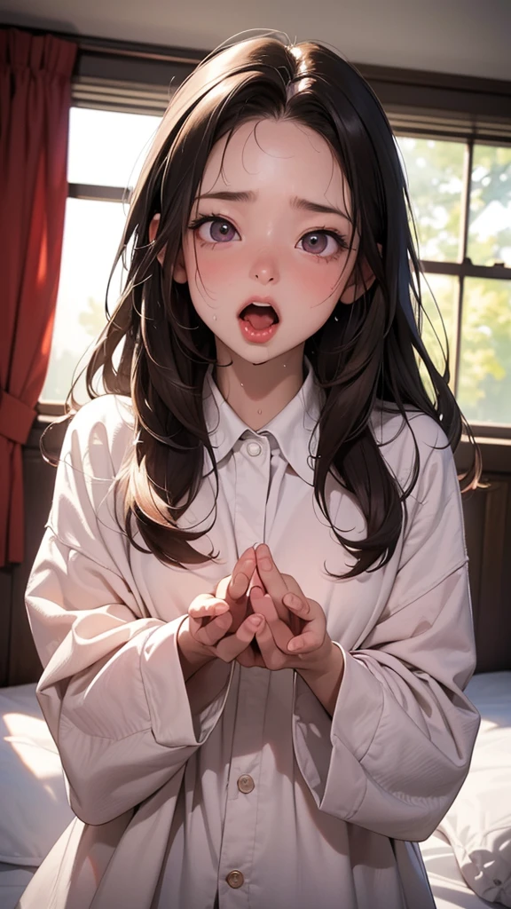 One girl, (High resolution, masterpiece, accurate, Anatomically correct), ((Being scared from watching a horror movie、Eyes wide open and mouth wide open、Hands facing outwards and open in front of mouth、Excessive sweat on the face:1.50))、(Brown Hair、Hair standing on end in fear、Long Hair、Beautiful pink eyes)、(White summer pajamas with a patterned collar、The collar is open)((On the bed in the bedroom))Highest quality, Ultra high definition, High-resolution model,