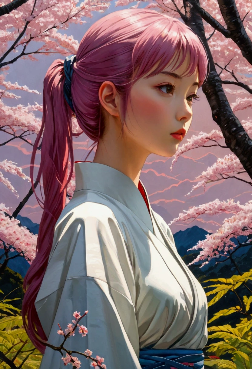 (masterpiece), Japanese cartoons, ((Relief,Paper art,Negative Space)), (author: Neil Welliver), 1 Girl, Brown eyes, Ponytail, Pink Hair, Cyberpunk, Japanese clothes, The expression is serene,Delicate facial features,Elegant posture,In a surreal landscape, Watercolor style, Dramatic lighting,Studio Lighting,HDR,8k,High-quality,masterpiece,
