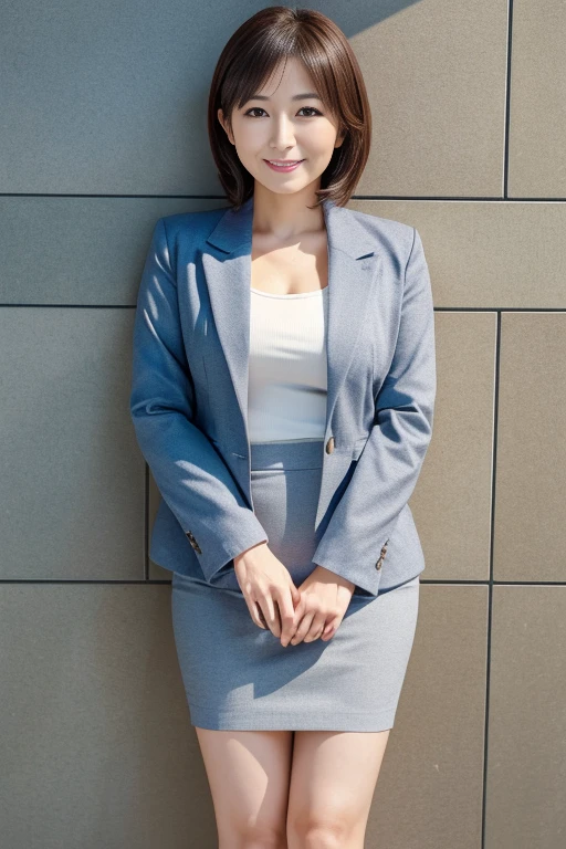 Beautiful Japanese Woman、Beautiful mature woman、Classy sex appeal、sexy、cotton tight skirt、blazer、8K high resolution、sexyな胸元、smile、Round face、Leaning against a wall、Beautiful legs、Beautiful thighs、