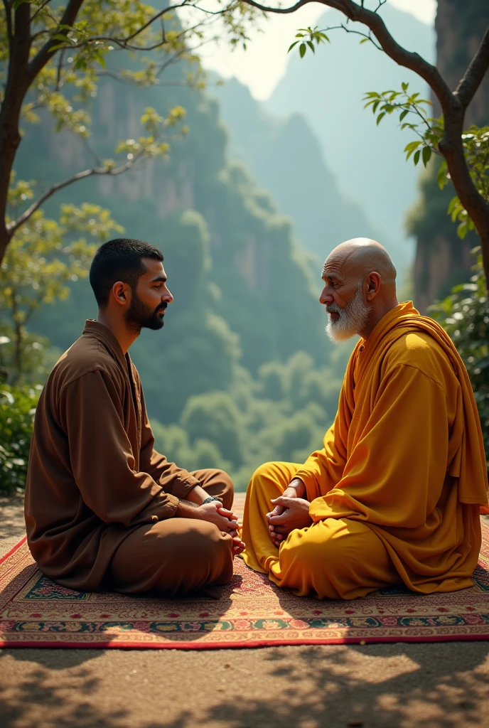 arafed image of a man sitting on a rug with a monk, buddhist, buddhism, on path to enlightenment, wise old indian guru, on the path to enlightenment, hindu stages of meditation, 2 1 st century monk, samsara, inspired by Bapu, karma sutra, enlightenment, love of wisdom, yellow robes, wearing brown robes, bald