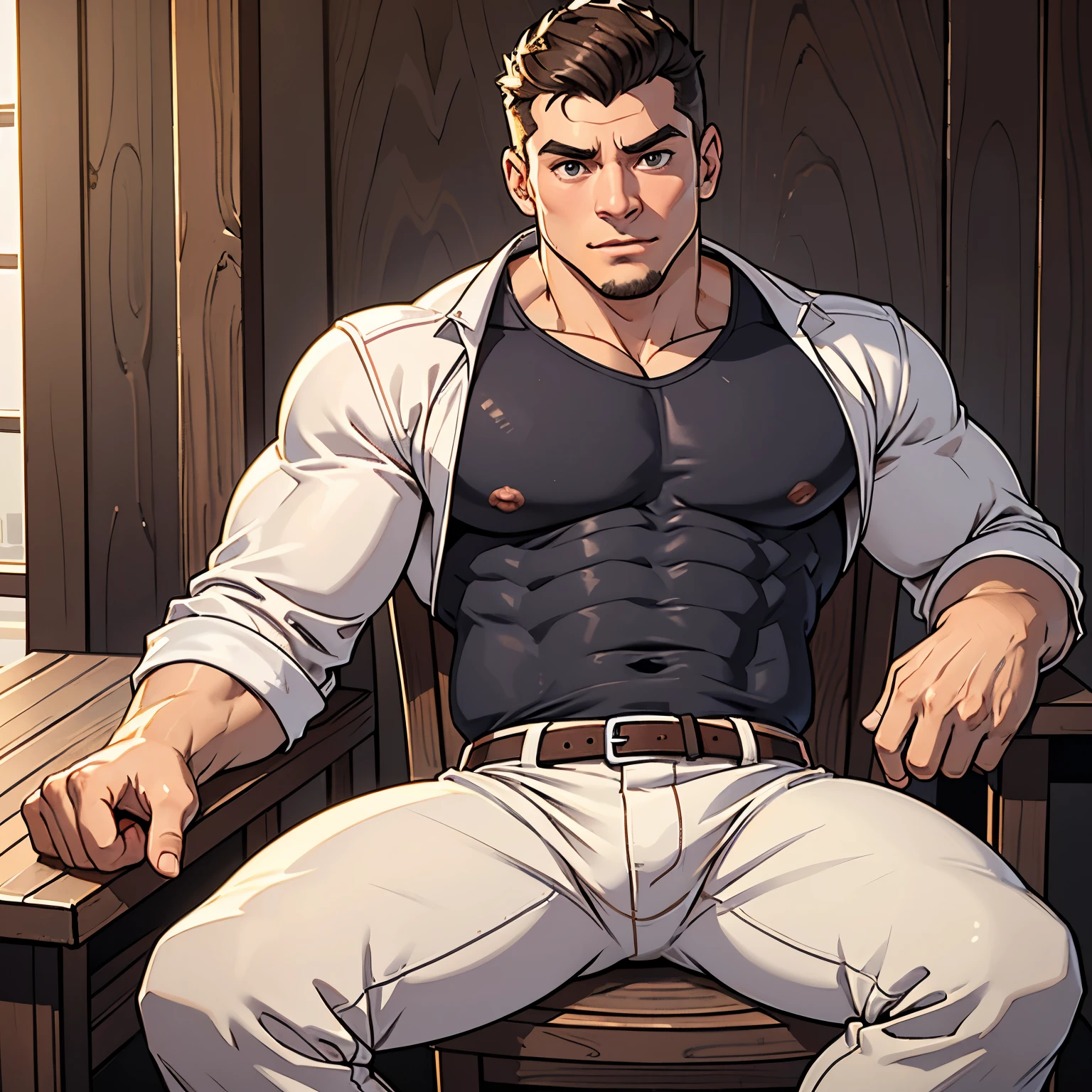 full body view, young musuclar male actor Matt Bomer as a Frat House Pledge Master, sitting on a hardback wood chair shirtless wearing tight white jockey short pants and a pair of black RCMP riding boots and gripping a thick black belt partly wrapped around one fist