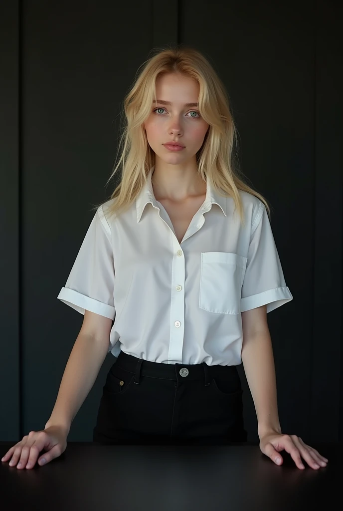 a ars old , blonde, white shirt,black short skirt, super huge ,very white skin tone teenager ,standing behind a black table, the back ground is a black wall
taking a realistic far view photo 