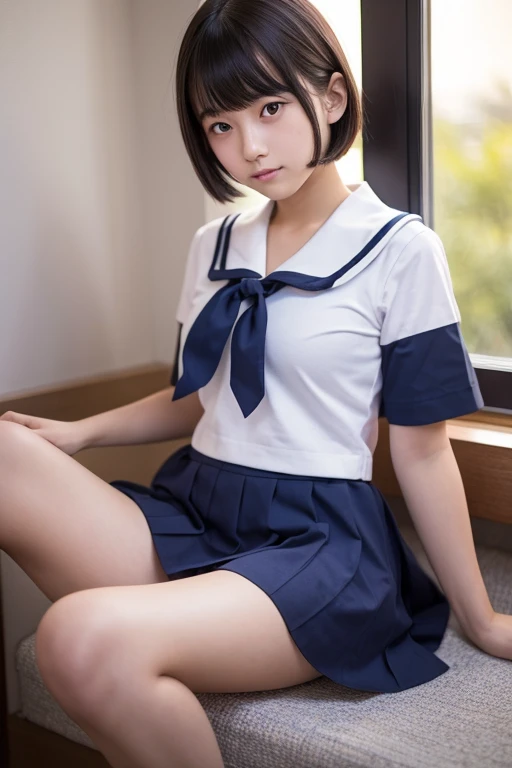 Highest quality, beautiful girl ,Midsummer， 17 years old, Japanese Girls, high school girl, In uniform，Sailor suit，mini skirt, Attractive thighs，I masturbate on a daily basis，virgin，Strong quarrel，Bad boy，Bob hair or short cut，Sit on the bed, Sitting with one leg raised，I can see her panties，window, sunset, Shooting with a camera