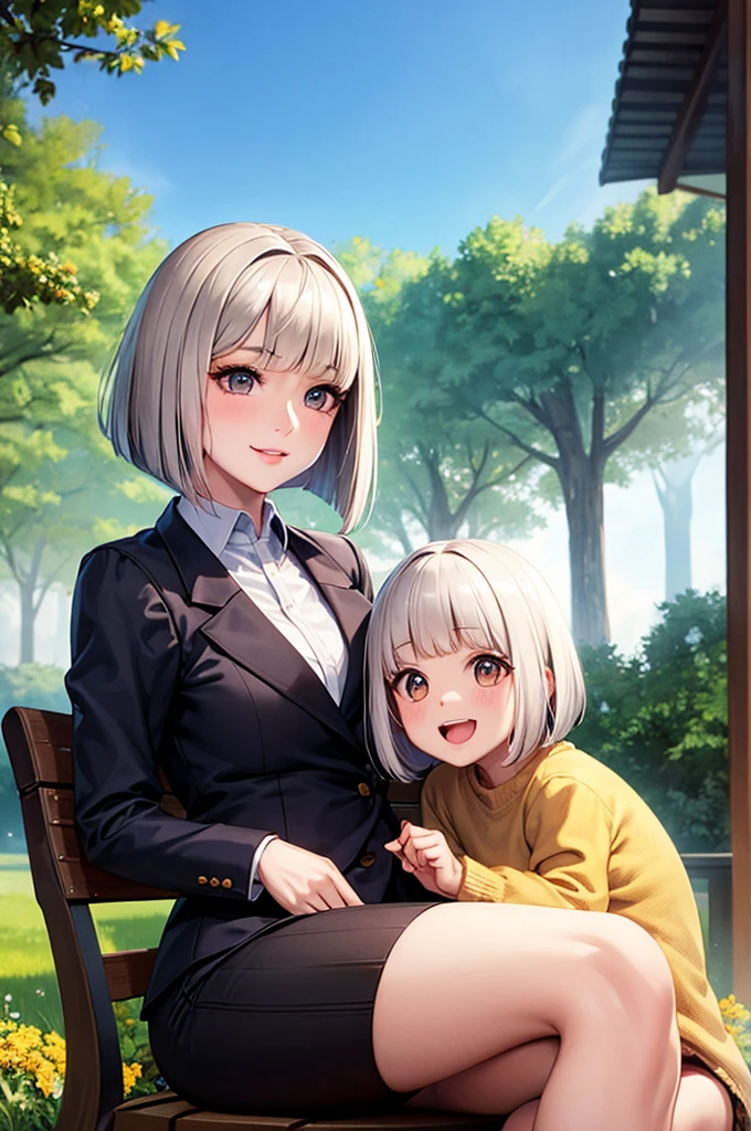 sunny day, Elegant photo of a girl in a blazer dress, (Puffy eyes:1.05), (White lace shirt), Platinum brown hair, (Angled Bob:1.4), Flat bangs, (Flowing Hair), smile, Happy, happiness, Skin with attention to detail, Skin pores, A beautiful innocent symmetrical face, Long eyelashes, Black eyeliner, Light gold eyeshadow,(Sit on a bench), Crossed_feet, Emotional, Wind, garden, wood, Grass, masterpiece, Highest quality, Realistic,