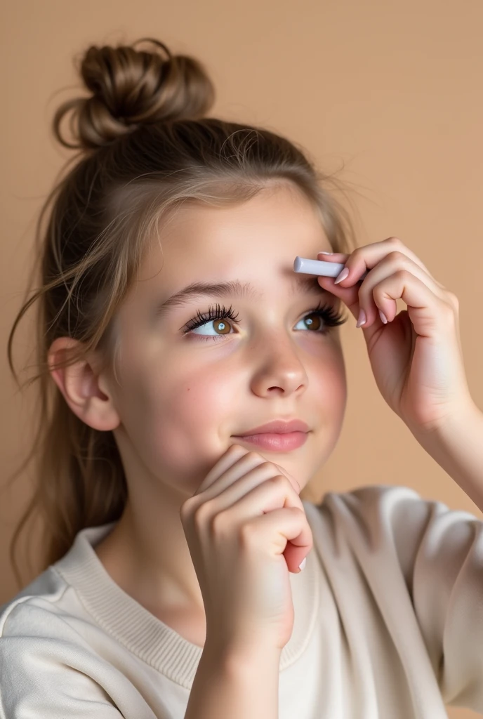 A girl applying eyelashes with a simple background for writing text