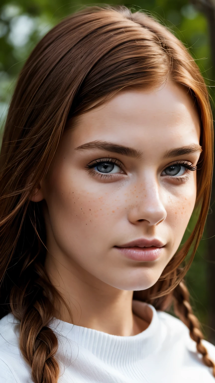 Create an image of a close-up model. A 20-year-old girl with hazel eyes, red hair in long braids, and a few freckles on her face. The girl has a small nose and a Nordic features.