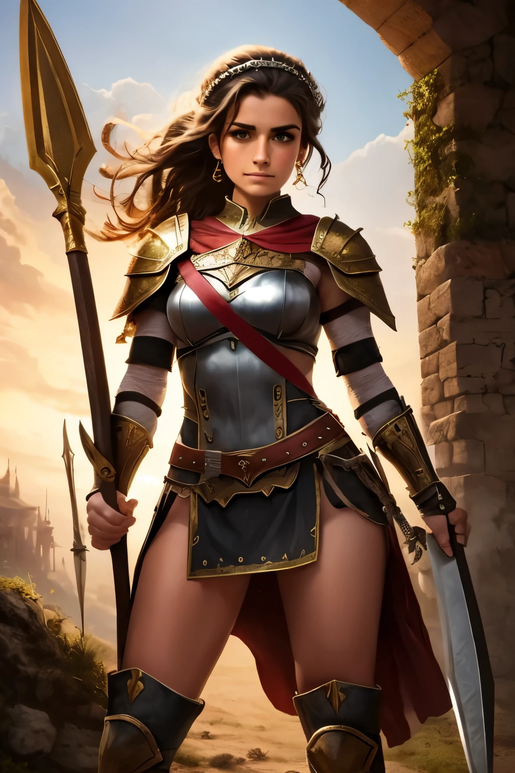 best quality), detailed background, occidental nobless,warrior girl,combat arts,holding halberd, army