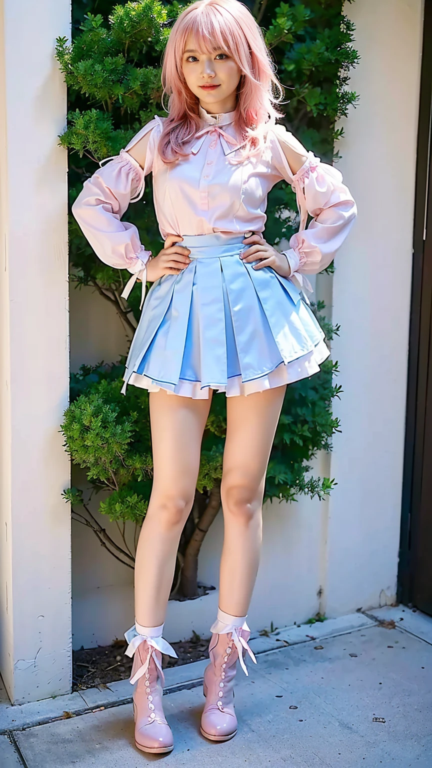 (8k、RAW Photos、Highest quality、masterpiece:1.2)、(Realistic、Realistic)、1 girl、((white、pink、light blue、mini skirt、pinkの髪、Breast enlargement、boots、ribbon、Thin legs、whole body、View from the front、Looking into the camera、ribbon、garden、See-through、Stand with hands on hips))、cute