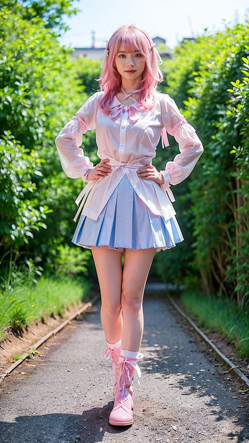 (8k、RAW Photos、Highest quality、masterpiece:1.2)、(Realistic、Realistic)、1 girl、((white、pink、light blue、mini skirt、pinkの髪、Breast enlargement、boots、ribbon、Thin legs、whole body、View from the front、Looking into the camera、ribbon、garden、See-through、Stand with hands on hips))、cute