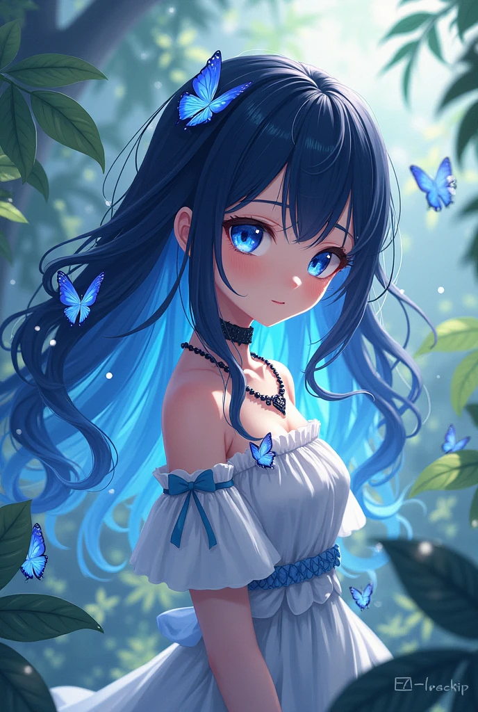 Demon slayer.has navy blue eyes with sparks.has dark black hair coveringe backside coloured with navy blue.has a white and light blue cute short dress. White gloves and black necklace, has a cld expression and the background is in the nice butterfly garden