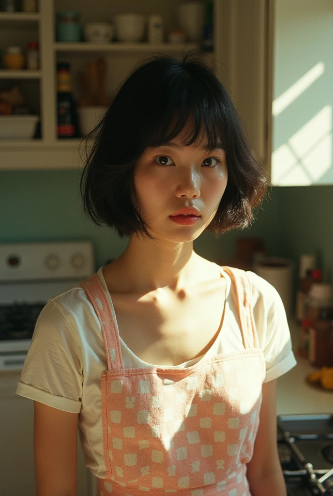 Short-haired beauty, daily sling at home, film photography, Renko Kawauchi photography style, half-length portrait, kitchen, kitchen utensils background display, summer sunshine, high contrast, shadow, Kodak tone