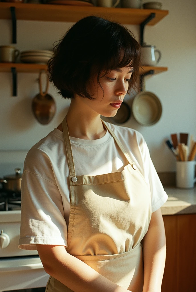 Short-haired beauty, daily sling at home, film photography, Renko Kawauchi photography style, half-length portrait, kitchen, kitchen utensils background display, summer sunshine, high contrast, shadow, Kodak tone
