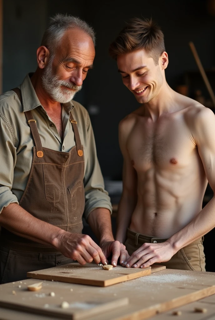 An old man wearing clothes suitable for craftsmanship and his 27-year-old son with white skin and a cute face and he was shirtless making crafts together