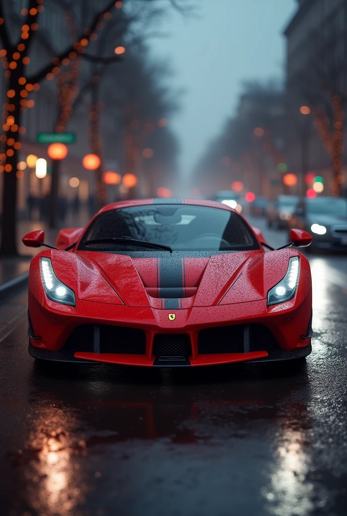 Create a realistic image of a red Ferrari sports car with dark colors in the background of the image in a motorsport street environment