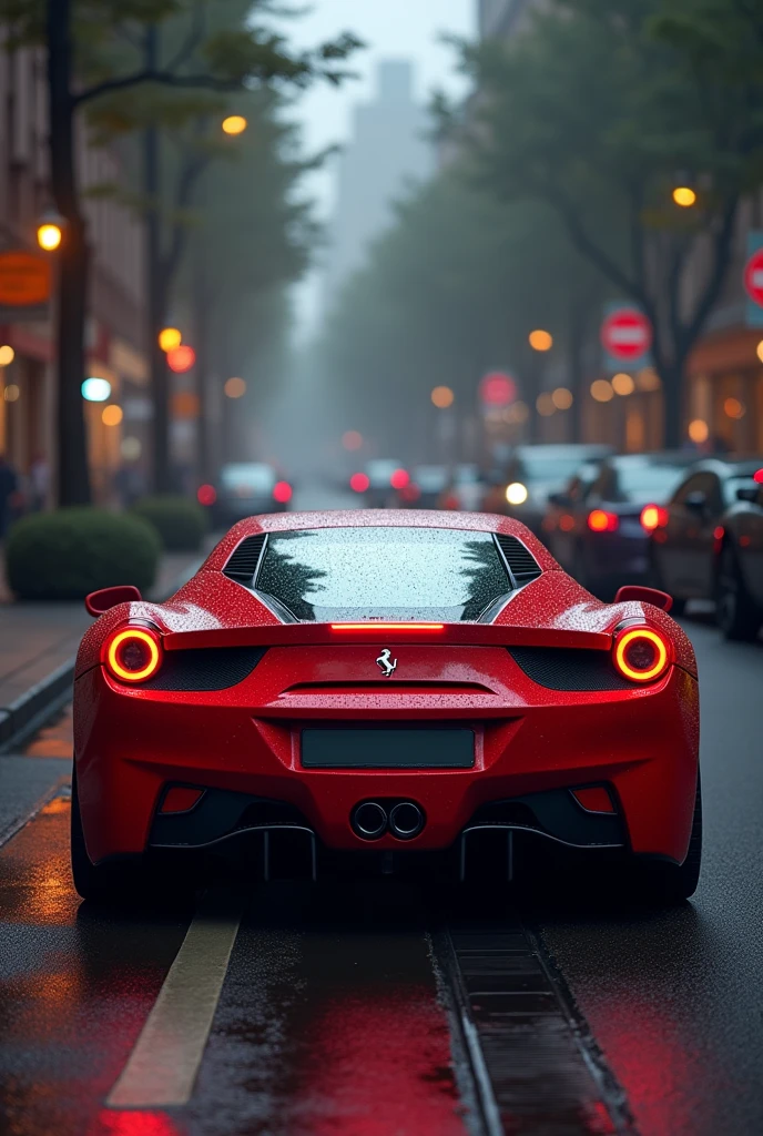 Create a realistic image of a red Ferrari sports car with dark colors in the background of the image in a motorsport street environment