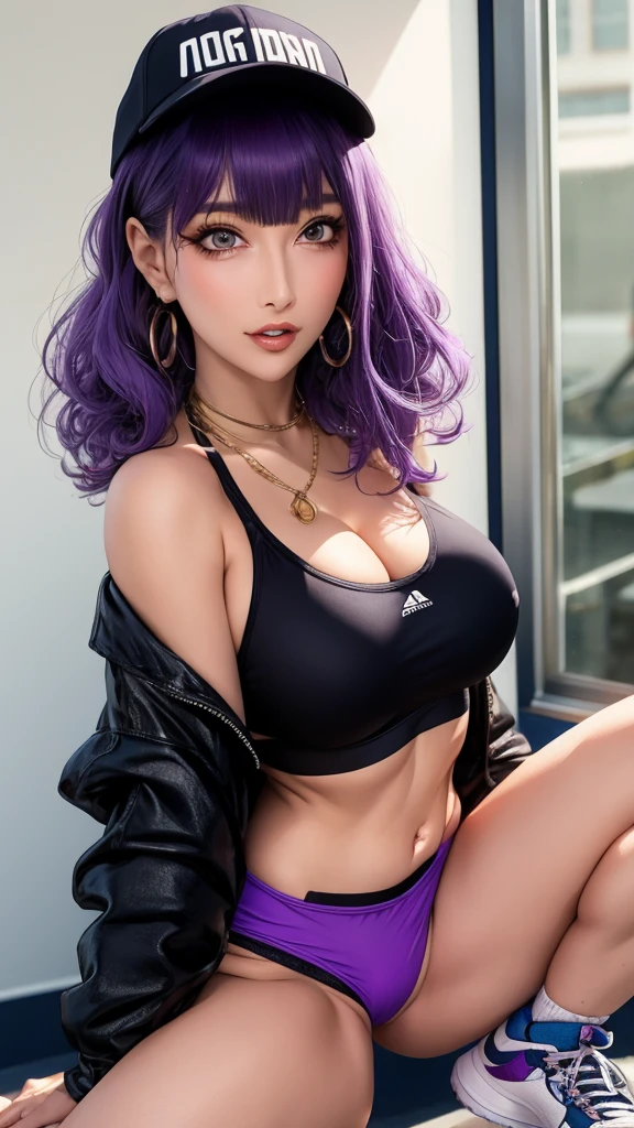 masterpiece, Highest quality, Pixiv, Cool girl, , , Popular characters, Baseball cap, Stylish sunglasses, Cute sheer bra and panties, Purple Hair, Curly Hair, Blunt bangs, Straight bangs, Colored contact lenses eyes, Gal,Basketball shoes, Improve、Heavy Large 、Belly piercing,Big Breasts,((((Straddle)))),Spread your legs,Fleshy crotch,Oilskin,Wet crotch,