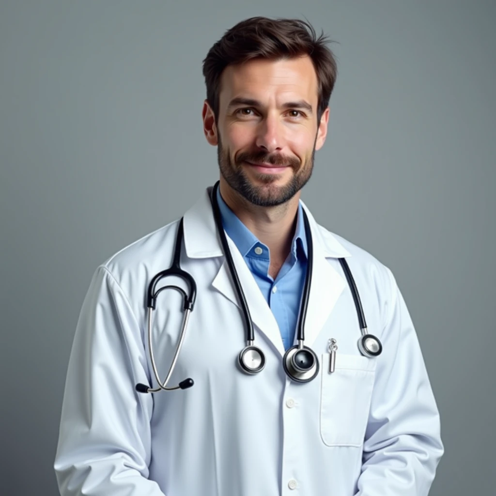 Can you create a profile picture for a 30 year old doctor in medical school? The doctor has a white coat and a stretoscope around his neck. I wan t to realistick. I want background grey color