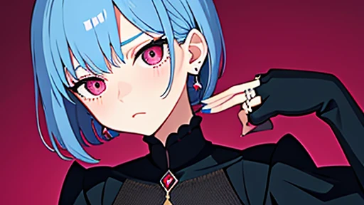 masterpiece、Highest quality、One girl、Upper Body、short hair、Mesh color hair、Vampire wind、Sad expression、blush、Close your mouth、Stylish earrings、Ring Accessories、Fingers crossed、Spider Pattern Background