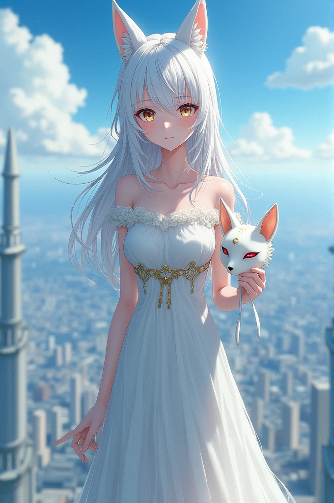 Create a girl of about  from 1,66 tall, beautiful with fine and delicate features, with eyes of different colors, with snow-white skin and pink hues, with a slim hourglass-shaped body, with white hair down to the waist, with a serious expression on his face, showing the whole body, that he is on the edge of a very tall building and is looking down with an expressionless face with a very slight smile  , that in his right hand he has a white fox-shaped mask with gold details and a pink one from the anime hunter x hunter