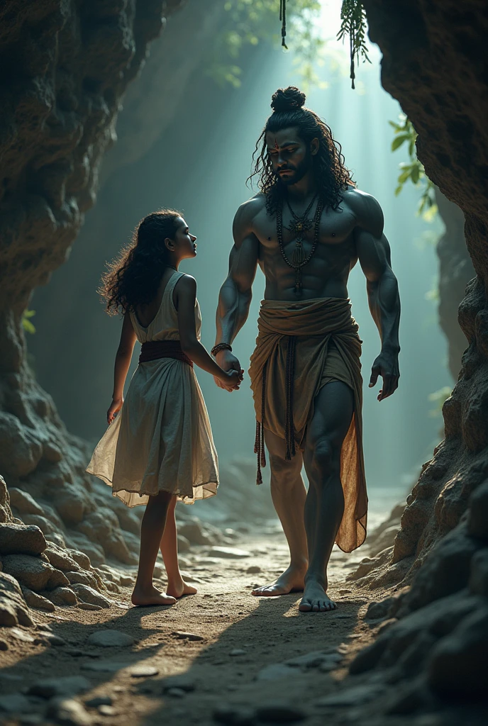 24 year old Girl, chubby, curly shoulder length side parted hair, walking into caves, holding hands with mascular aghori lord shiva, eyes closed, sense of safety, calmness