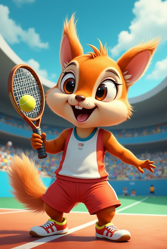 (chibi Emoji Meme), Gouache art style, funny photo portrait of a grotesque (Olympic tennis athlete squirrel), athlete suit, (upper body), cute big eyes, Olympic background, emoticon. emotional, dynamic movement, vivid, (masterpiece, best quality, absurdres, ultra-detailed, intricate details:1.3)