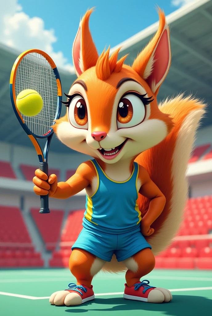 (chibi Emoji Meme), Gouache art style, funny photo portrait of a grotesque (Olympic tennis athlete squirrel), athlete suit, (upper body), cute big eyes, Olympic background, emoticon. emotional, dynamic movement, vivid, (masterpiece, best quality, absurdres, ultra-detailed, intricate details:1.3)