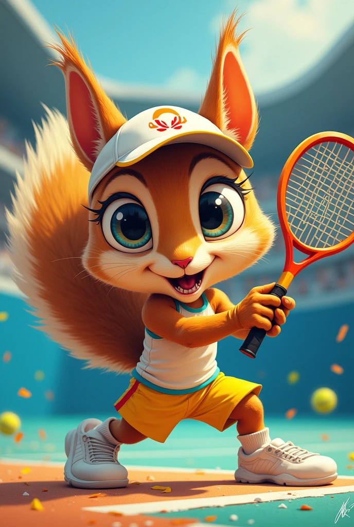 (chibi Emoji Meme), Gouache art style, funny photo portrait of a grotesque (Olympic tennis athlete squirrel), athlete suit, (upper body), cute big eyes, Olympic background, emoticon. emotional, dynamic movement, vivid, (masterpiece, best quality, absurdres, ultra-detailed, intricate details:1.3)