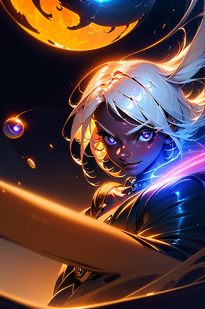 ((1 girl)), short white hair, Dark skin, mascara, evil smile , with his hands holding a glowing orb while two other glowing spheres orbit around him. Sexy dark magician clothing, dark forest background.