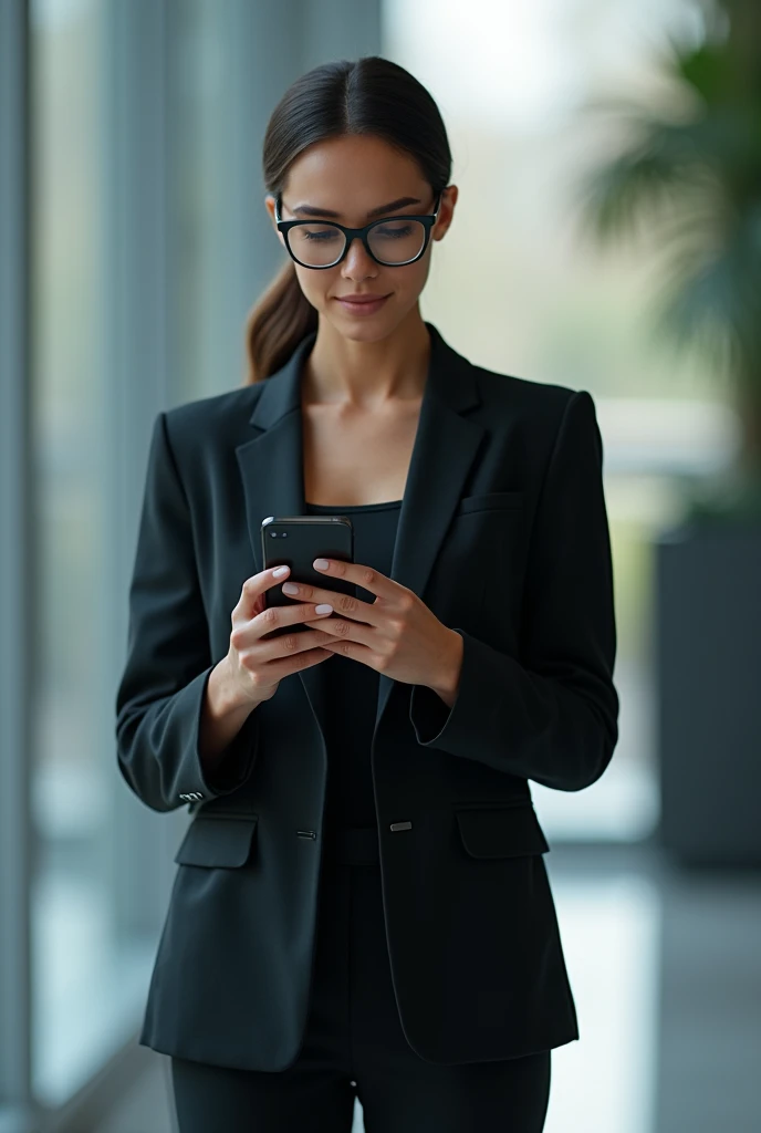 there is a woman in a suit holding a cell phone, wearing a strict business suit, wearing a suit and glasses, girl in suit, girl in a suit, in suit with black glasses, wearing a business suit, wearing business suit, wearing black business suit, business woman, wearing tight suit, in strict suit, in a business suit, office clothes