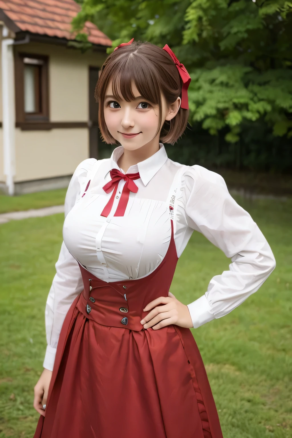 Cosplayers、Brown short hair、、Too big breasts、Large breasts that reach down to the navel、She wears a school uniform designed like a dirndl、Red ribbon at neck、White shirt、Brown Dirndl、Too beautiful girl、whole body、Standing